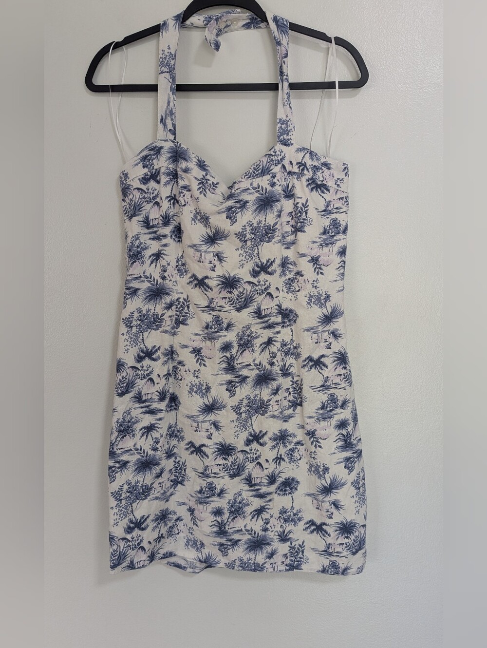 Abercrombie Size Large Tall Blue White Toile Linen Halter Square Neck Mini Dress